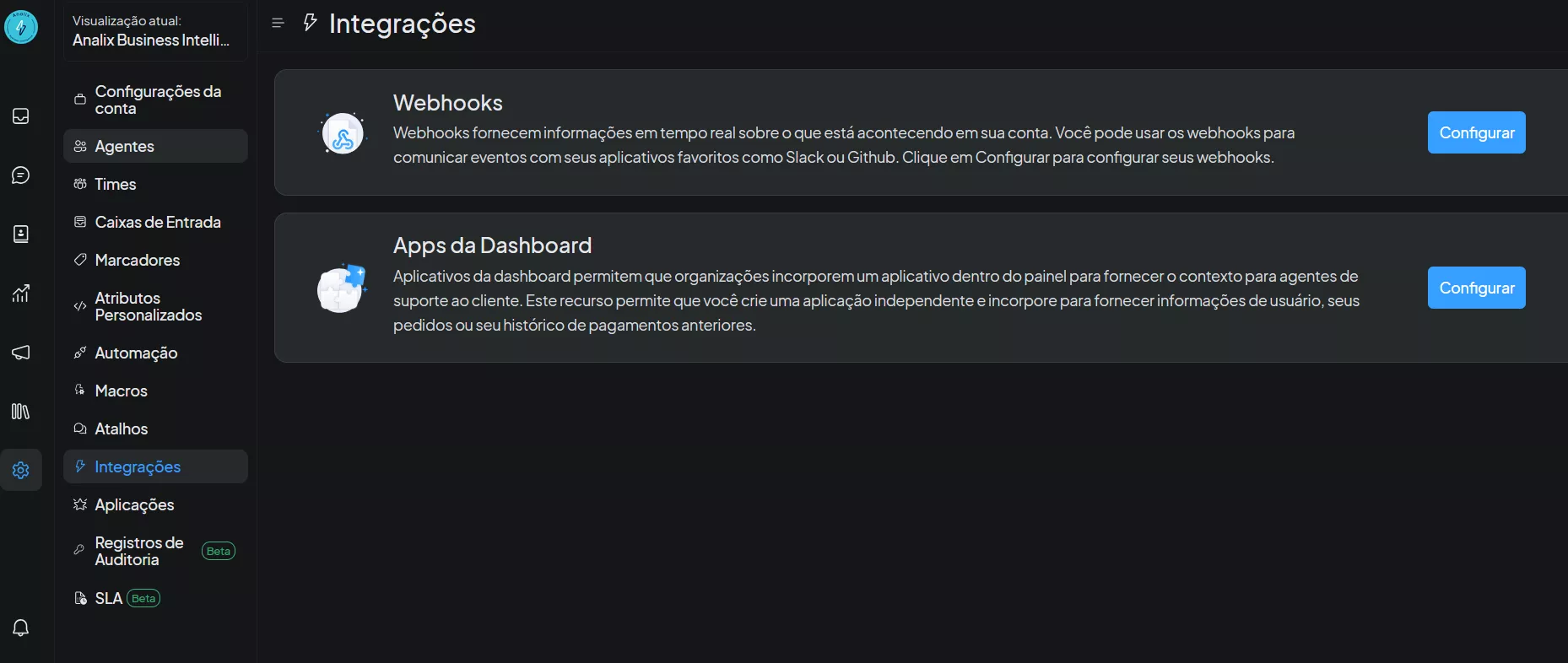 Painel de integrações e aplicações