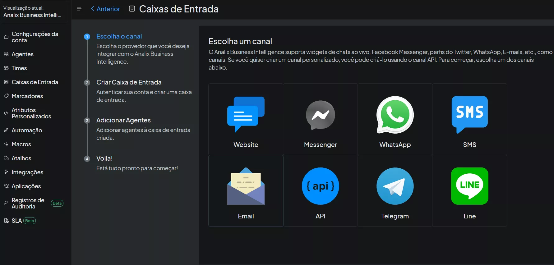 painel de caixas de entrada