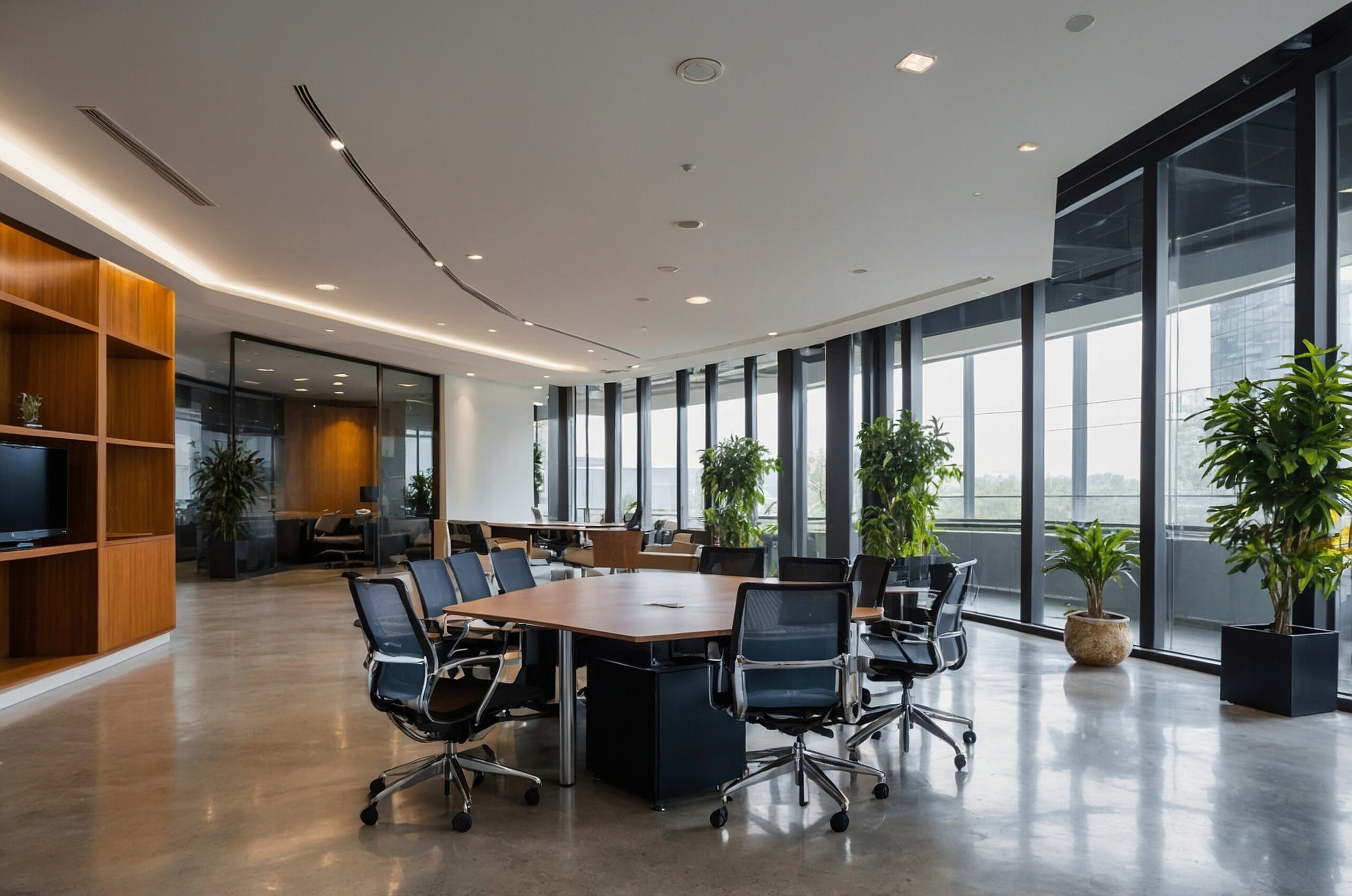 uma-sala-de-conferencias-com-uma-mesa-e-cadeiras-com-plantas-nela
