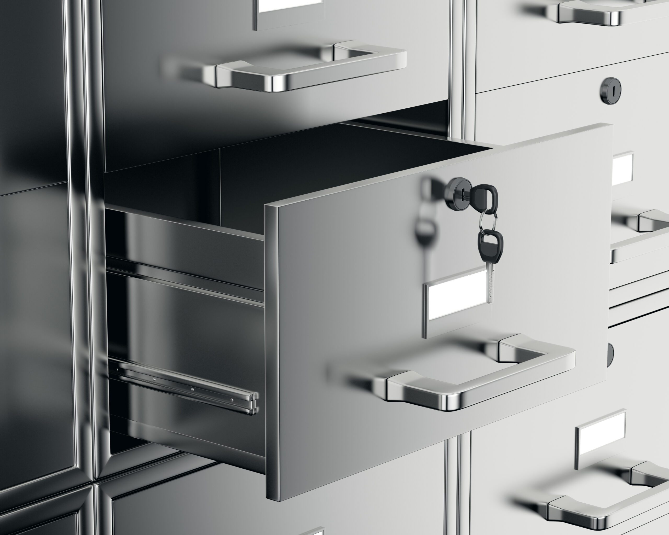 File cabinet with open drawer. 3d render